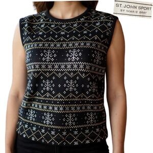 St John Sport Wool Fair Isle Sweater Vest Women's Large Black Gold Y2K Fair Isle